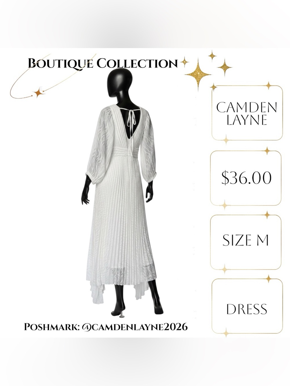 V-Neck White Pleated Maxi Dress with Sheer Long Sleeves - Picture 9 of 10